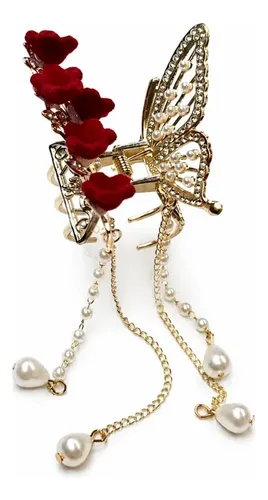 Broche Pelo Mariposa Dorada Flores Rojas Perlas Cadenas