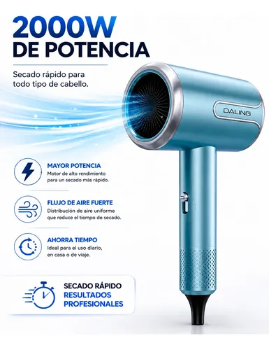 Secador Pelo Mano Ligero Elegante Alta Potencia 2000w Turbo