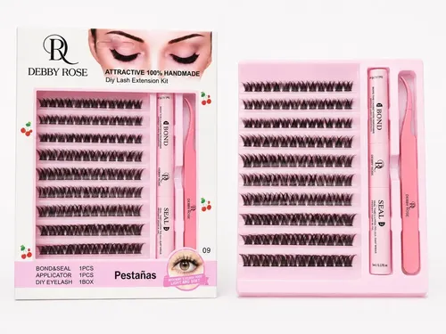 Debby Rose Kit Pestañas Cluster Adhesivo Pestañas Diy Color Negro Espesor 9 mm Largo 1 cm Tipo de curvatura D