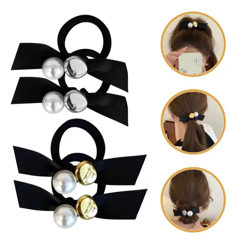 4 Pcs De Coleteros Elásticos Con Lazo Y Perlas Decorativas