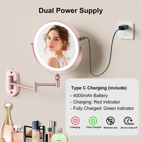 Espejo De Maquillaje Con Luz Pared 9 Pulgadas Rose Gold