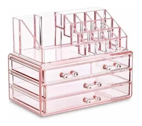 Organizador Maquillaje Acrílico Rosa 4 Cajones: 2 chicos + 2 Grandes , parte superior con 16 Divisiones