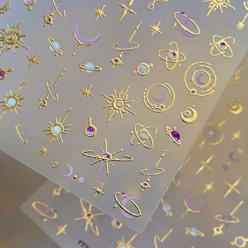 Pegatinas De Uñas Con Estampado Dorado De Estrellas, Luna Y