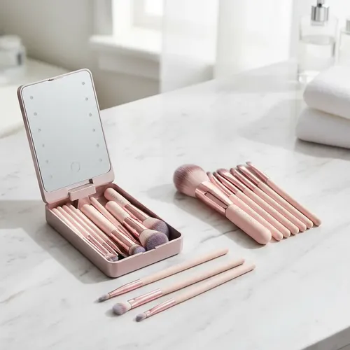 Set De Brochas Maquillaje Bsmall 14 Piezas Con Espejo Led