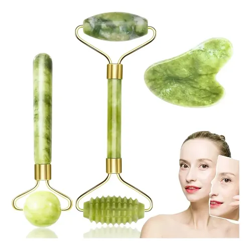 Masajeador De Jade, Set De 3 Rodillos Faciales De Piedra De