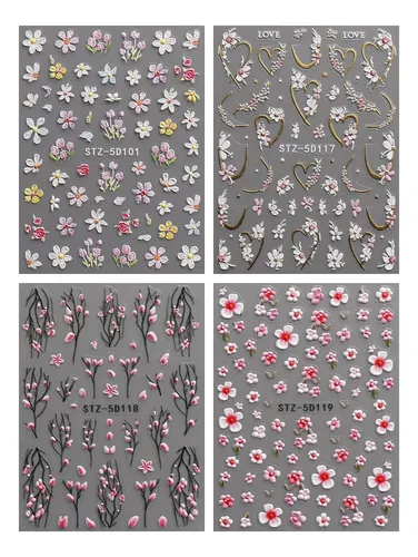 Pegatinas De Uñas 3d Floral 5d Adhesivas 4 Hojas Arte