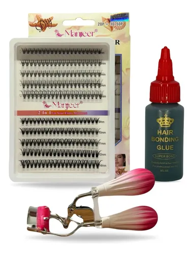 Kit Pestañas Postizas Cluster 20+30p Adhesivo Latex Arqueado