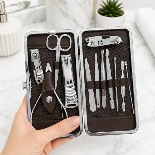 Set Manicura Pedicura 12 Piezas Acero Estuche Marrón