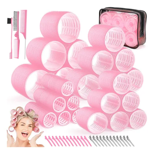 Set De Rulos De Pelo Obeoby Para Mujer Con Pinzas Y Herramie Rosa Chicle