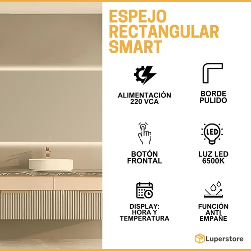 Espejo Rectangular Led Touch Colgar Luz Fria Tactil Baño