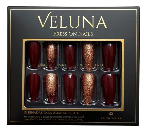 Uñas Press On Nails Veluna Reutilizables Diseños Variados Color Copper Wine