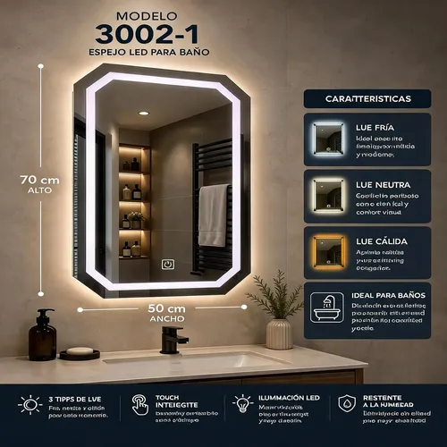 Espejo Led Octogonal Elicar 50x70cm Touch Blanco Frio Baño