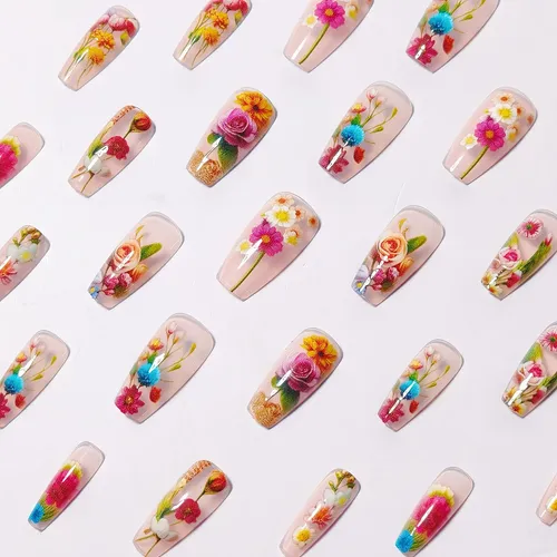 24pcs Mid-length Clear Floral Press-on Nails