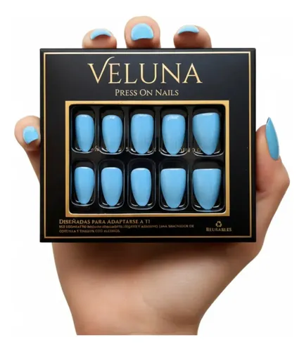 Uñas Press On Veluna Almendras 32u Cortas Reutilizables Kit Celeste