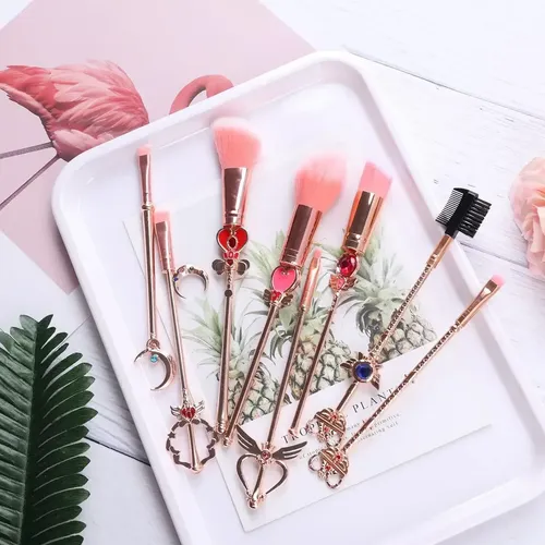 Set De Brochas Maquillaje Sailor Moon 8 Piezas Rosas Rosa Y Dorado