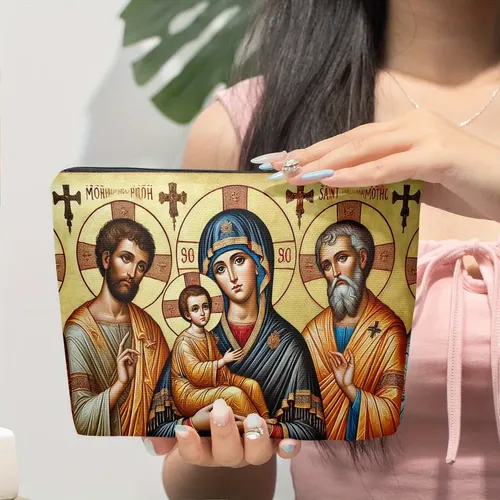 Bolsa De Maquillaje De Lino Con Estampado Mural Religioso, P Bb377