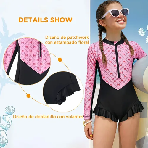 Traje De Baño De Una Pieza Niña Manga Larga Con Gorro