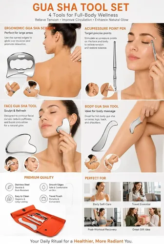 Set Gua Sha Acero Inox Masaje Muscular 4 Piezas