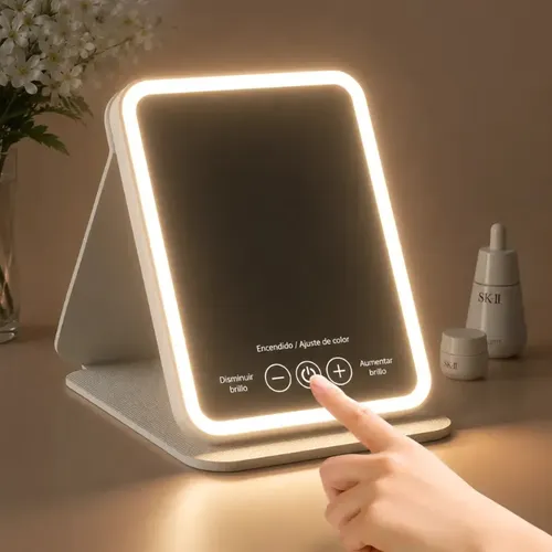 Espejo De Maquillaje LED Plegable Recargable USB Con Luz Táctil 3 Tonos De Luz Brillo Regulable Espejo HD Portátil Para Tocador Viajes Skincare