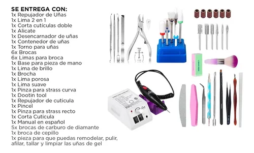 Kit manicura pedicura Gadnic Acero Inoxidable torno T20K 20000 RPM 12 W 220 V brocas ceramica 7 piezas