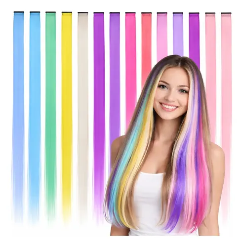 12 Extensiones Pelo Clip Colores Cabello Mechones Sintetico