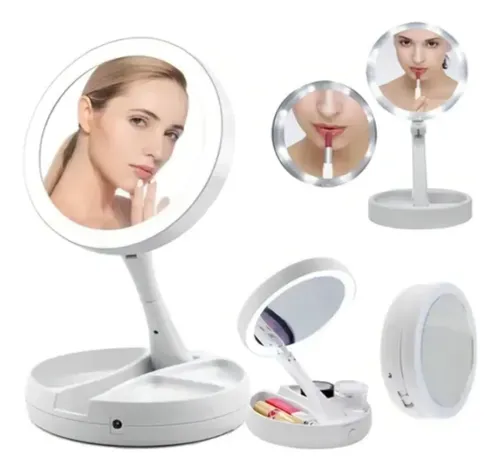 Espejo De Maquillaje Plegable Luz Led Zoom Doble Cara De 10x