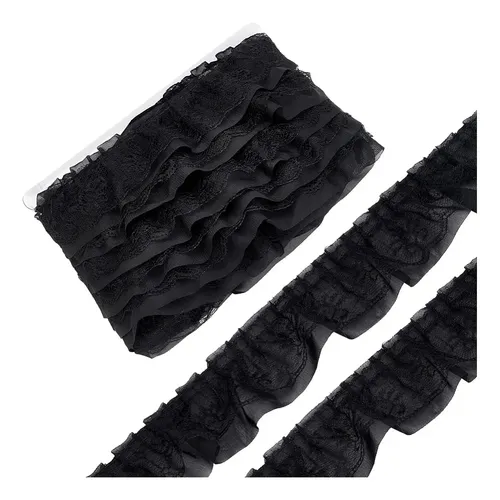 Cinta De Gasa Negra Con Encaje De 12.5 Yardas Negro Lace Edge