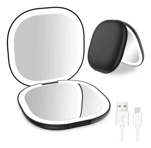 Espejo De Maquillaje Cuadrado Con Luz Led Y Aumento De 10x Bl Negro