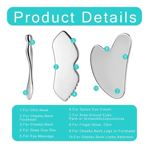 Set 3 Gua Sha Metal Facial Y Corporal Acero Inoxidable