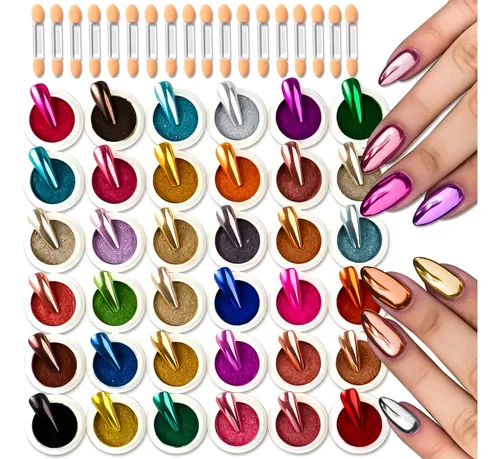 Kit 36 Polvos Efecto Espejo Para Uñas Con 18 Aplicadores