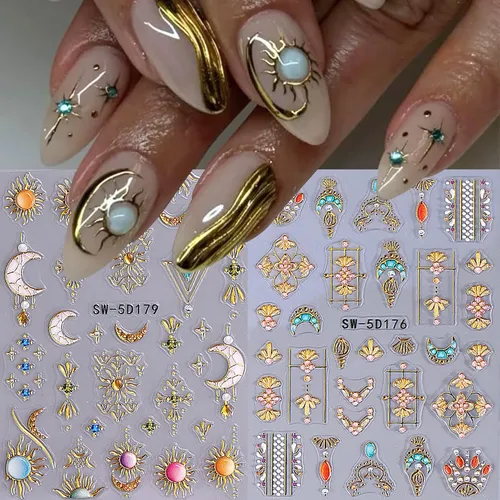 Stickers Para Uñas Stzpronail 9 Hojas 5d 3d Sol Luna Estrell