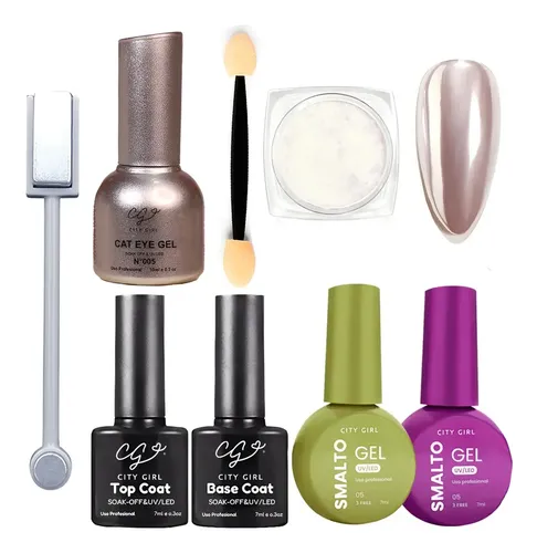 Kit Uñas Esculpidas Esmaltado Efecto Ojo Gato Semipermanente