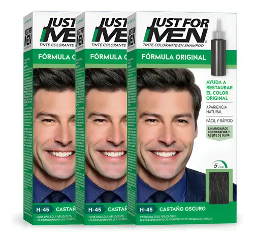 Pack Tintura Shampoo Just For Men Fórmula Original Castaño Oscuro 3 Unidades
