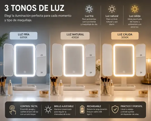 Maquillaje Espejo Recargable Led 3 Modos De Aumento 1x 2x 3x