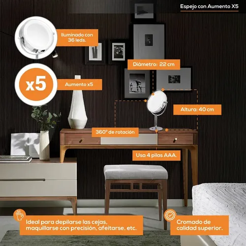 Espejo Luz Maquillaje Aumento X5 Doble Faz Base 36 Led