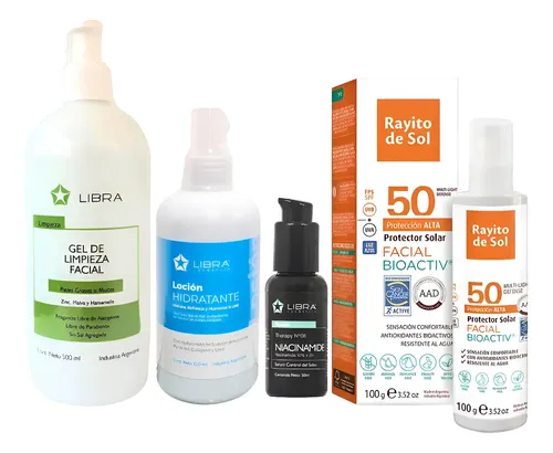 Kit Facial Antibrillo Libra: Gel Limpiador+Loción+Niacinamida+Protector FPS 50