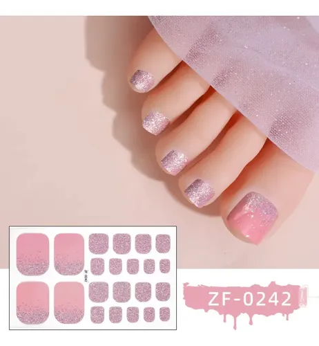 Tiras De Uñas Gel Para Pies Autoadhesivas 22u – No Necesita Lampara UV – Rosa Glitter