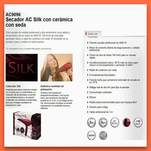 Remington Ac9096 Secador Ac Silk Cerámico C/ Seda Ion 2400w