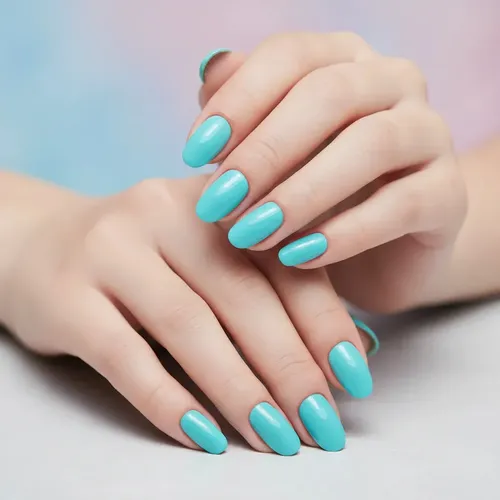 Press On Nails Oval Cortas Kit Uñas Postizas Con Adhesivo Color Turquesa