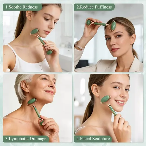 Set Rodillo Verde Y Gua Sha Cuarzo Rosa Extra Grueso