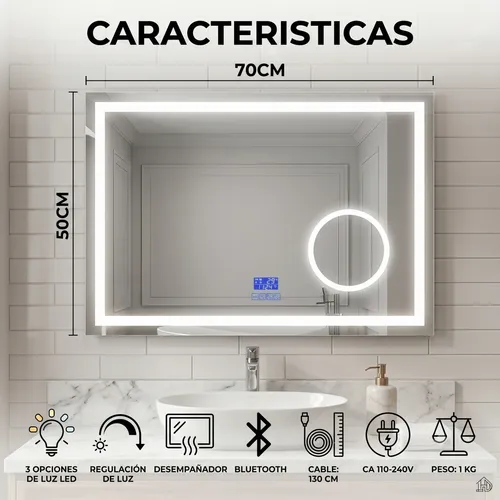 Espejo Luz Led Desempañador Baño Vestidor 50×70 Bluetooth