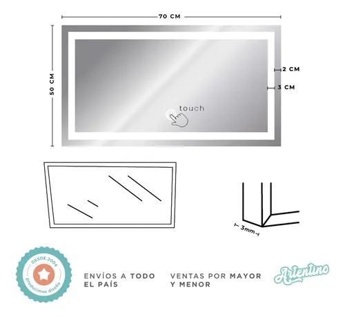 Espejo Led Pared Touch Rectangular Guarda Esmerilada 70x50cm