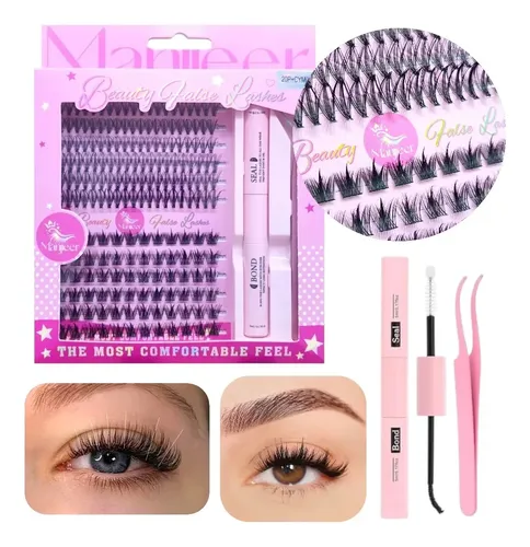Kit Extensiones De Pestañas Cluster Bond Seal Y Pinza 20p + Cy D Largos Mix