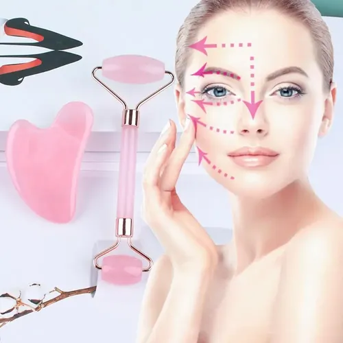 Set Rodillo Facial Y Gua Sha Cuarzo Rosa Masaje Belleza Mrgh