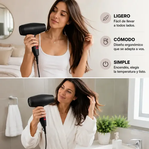 Secador De Pelo Profesional Exxtra Tech 1500W Compacto Liviano Para Viaje Temperatura Controlada Difusor Negro