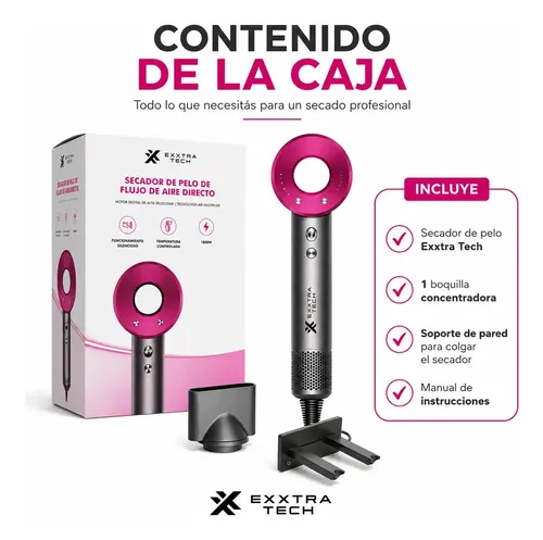 Secador de Pelo Exxtra Tech Profesional Iónico con Soporte de Pared Fucsia