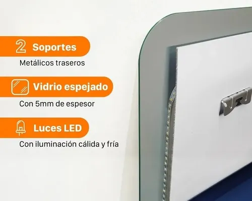 Espejo Horizontal Borde Curvo Luz Led Trasera 70×50