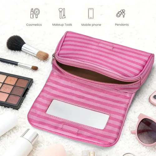 Bolsa De Maquillaje De Nylon Linda Para Mujeres Raya Rosa