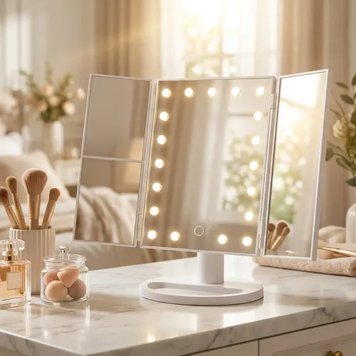 Espejo Mtl Tríptico Con Luz Led Iluminación Portátil Base