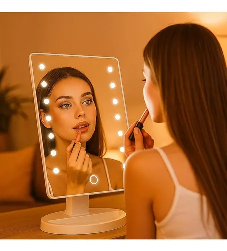 Espejo Maquillaje Portátil LED Marca Large Led Mirror 16 Luces Rectangular Blanco